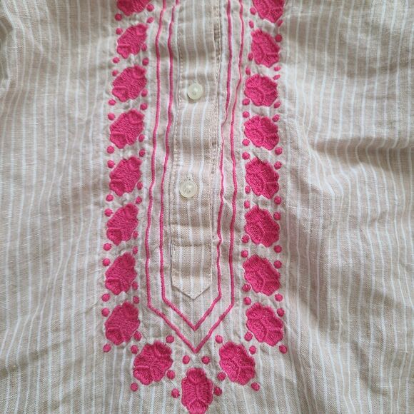 J. Crew Top XS Beige Striped Pink Embroidered Linen Boho Pullover Shirt - Picture 2 of 11